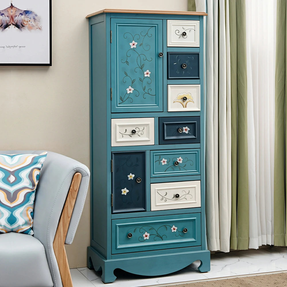 LIVARA 142cm 8-Drawer Storage Cabinet - Vintage Colour Block Design with Double Door Storage & Solid Wood Legs for Living Room - Blue