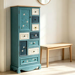 LIVARA 142cm 8-Drawer Storage Cabinet - Vintage Colour Block Design with Double Door Storage & Solid Wood Legs for Living Room - Blue