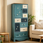 LIVARA 142cm 8-Drawer Storage Cabinet - Vintage Colour Block Design with Double Door Storage & Solid Wood Legs for Living Room - Blue