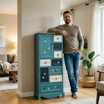 LIVARA 142cm 8-Drawer Storage Cabinet - Vintage Colour Block Design with Double Door Storage & Solid Wood Legs for Living Room - Blue