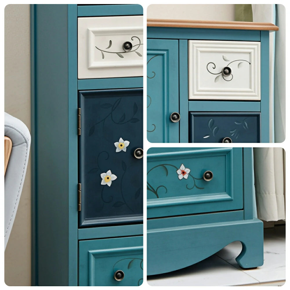 LIVARA 142cm 8-Drawer Storage Cabinet - Vintage Colour Block Design with Double Door Storage & Solid Wood Legs for Living Room - Blue