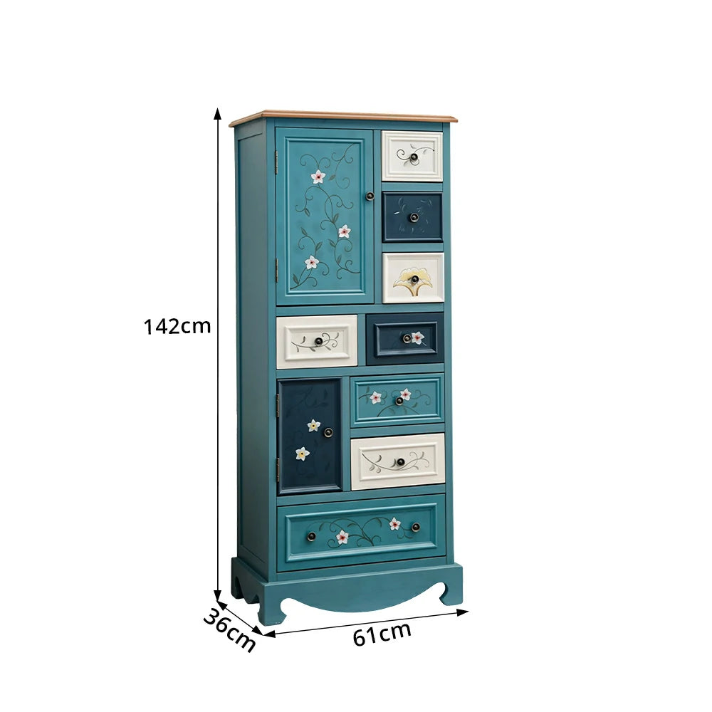 LIVARA 142cm 8-Drawer Storage Cabinet - Vintage Colour Block Design with Double Door Storage & Solid Wood Legs for Living Room - Blue