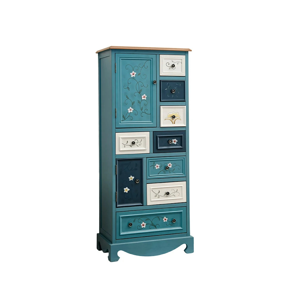 LIVARA 142cm 8-Drawer Storage Cabinet - Vintage Colour Block Design with Double Door Storage & Solid Wood Legs for Living Room - Blue