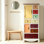 LIVARA 142cm 8-Drawer Storage Cabinet - Vintage Colour Block Design with Double Door Storage & Solid Wood Legs for Living Room - White