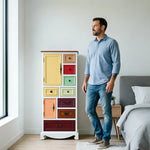 LIVARA 142cm 8-Drawer Storage Cabinet - Vintage Colour Block Design with Double Door Storage & Solid Wood Legs for Living Room - White