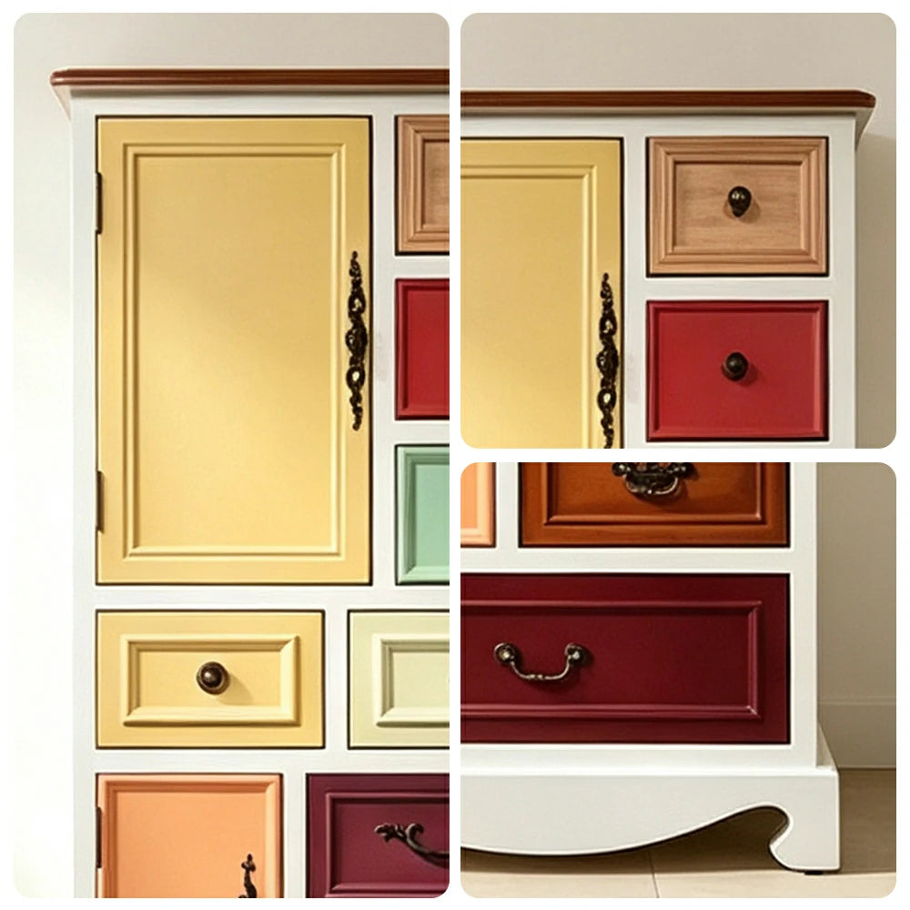 LIVARA 142cm 8-Drawer Storage Cabinet - Vintage Colour Block Design with Double Door Storage & Solid Wood Legs for Living Room - White