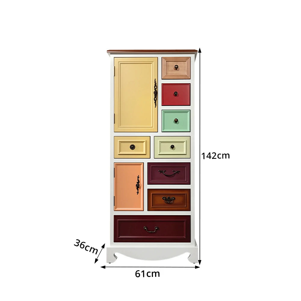 LIVARA 142cm 8-Drawer Storage Cabinet - Vintage Colour Block Design with Double Door Storage & Solid Wood Legs for Living Room - White
