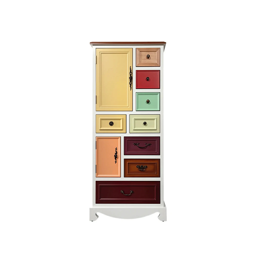 LIVARA 142cm 8-Drawer Storage Cabinet - Vintage Colour Block Design with Double Door Storage & Solid Wood Legs for Living Room - White