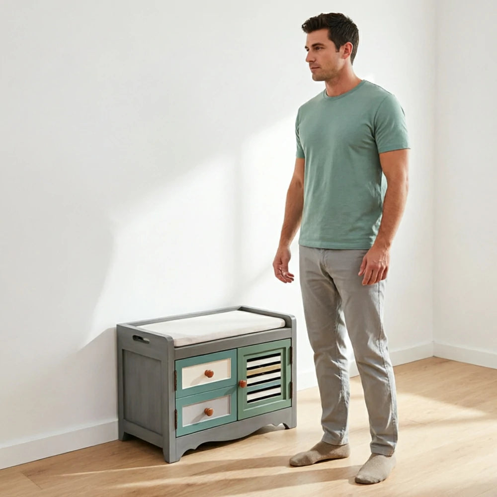 LIVARA 142cm 8-Drawer Storage Cabinet - Vintage Colour Block Design with Double Door Storage & Solid Wood Legs for Living Room - Green & Blue