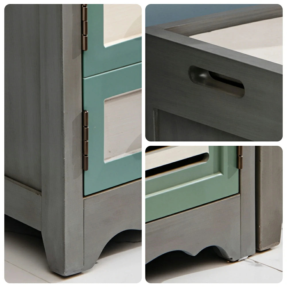 LIVARA 142cm 8-Drawer Storage Cabinet - Vintage Colour Block Design with Double Door Storage & Solid Wood Legs for Living Room - Green & Blue