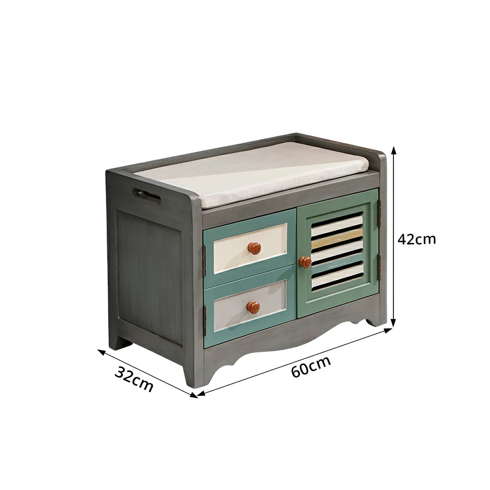 LIVARA 142cm 8-Drawer Storage Cabinet - Vintage Colour Block Design with Double Door Storage & Solid Wood Legs for Living Room - Green & Blue