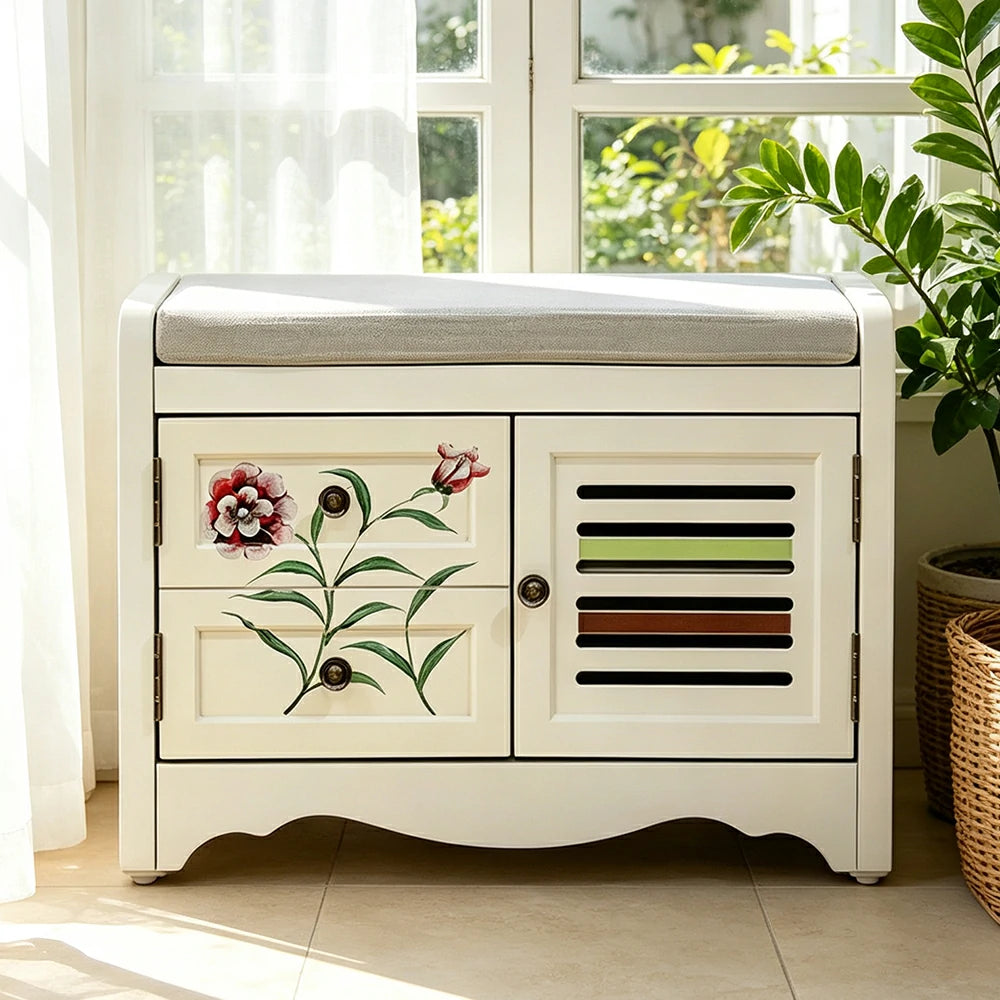 LIVARA 142cm 8-Drawer Storage Cabinet - Vintage Colour Block Design with Double Door Storage & Solid Wood Legs for Living Room - White