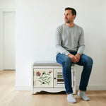 LIVARA 142cm 8-Drawer Storage Cabinet - Vintage Colour Block Design with Double Door Storage & Solid Wood Legs for Living Room - White