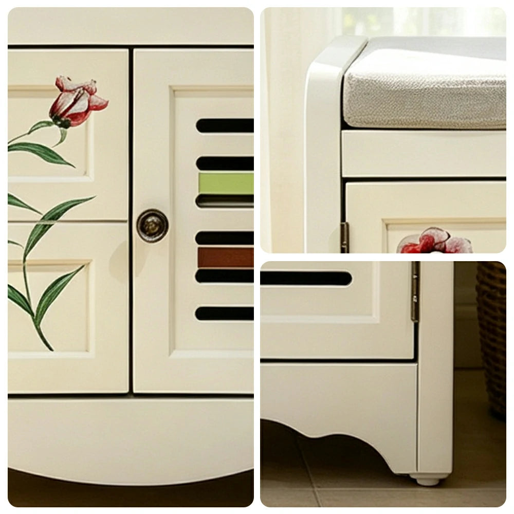 LIVARA 142cm 8-Drawer Storage Cabinet - Vintage Colour Block Design with Double Door Storage & Solid Wood Legs for Living Room - White