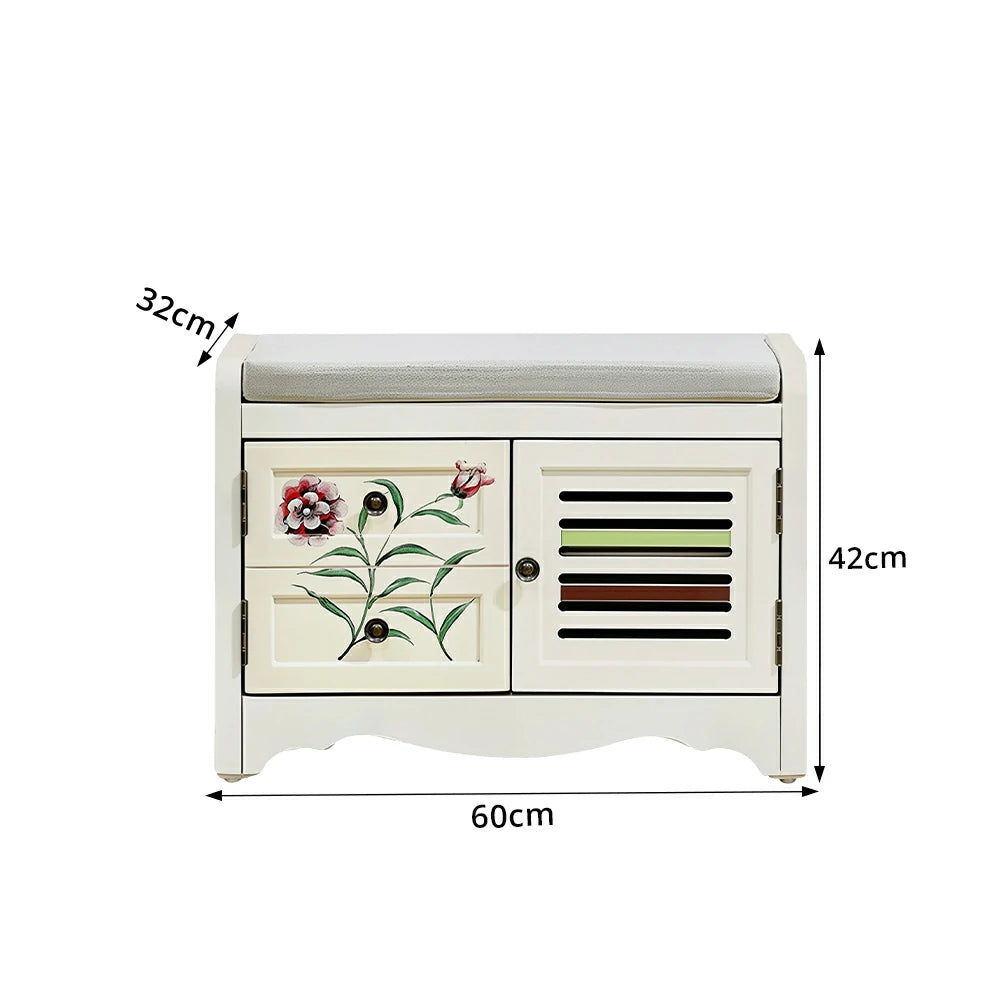 LIVARA 142cm 8-Drawer Storage Cabinet - Vintage Colour Block Design with Double Door Storage & Solid Wood Legs for Living Room - White