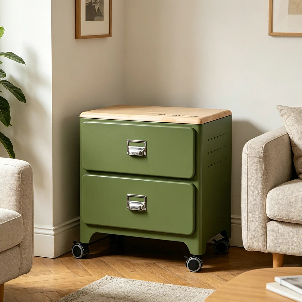 LIVARA 2 Drawer Storage Cabinet Mobile Organizer Wood Top Compact 510x360x520mm Home Bedroom Living Room - Green