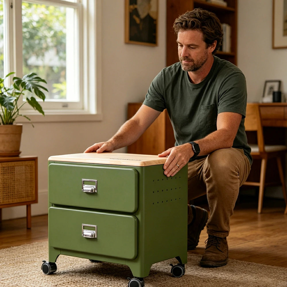 LIVARA 2 Drawer Storage Cabinet Mobile Organizer Wood Top Compact 510x360x520mm Home Bedroom Living Room - Green