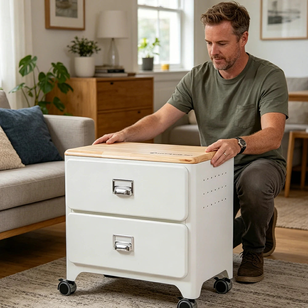 LIVARA 2 Drawer Storage Cabinet Mobile Organizer Wood Top Compact 510x360x520mm Home Bedroom Living Room - White