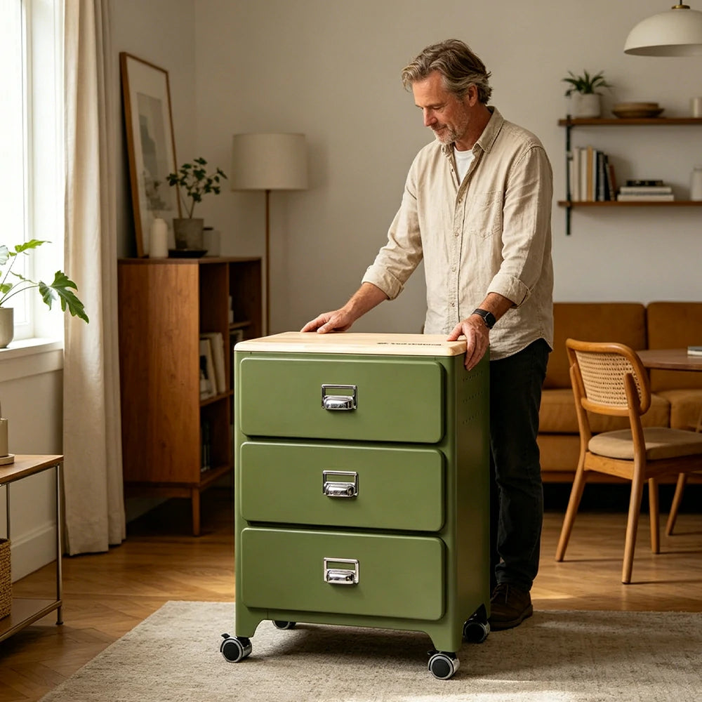 LIVARA 3 Drawer Storage Cabinet Mobile Organizer Wood Top Compact 510x360x700mm Home Bedroom Living Room - Green