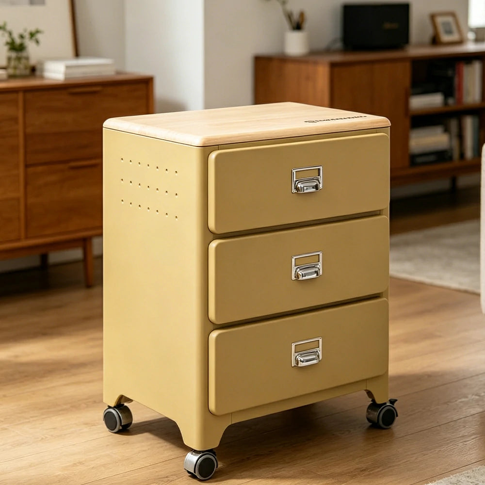 LIVARA 3 Drawer Storage Cabinet Mobile Organizer Wood Top Compact 510x360x700mm Home Bedroom Living Room - Yellow
