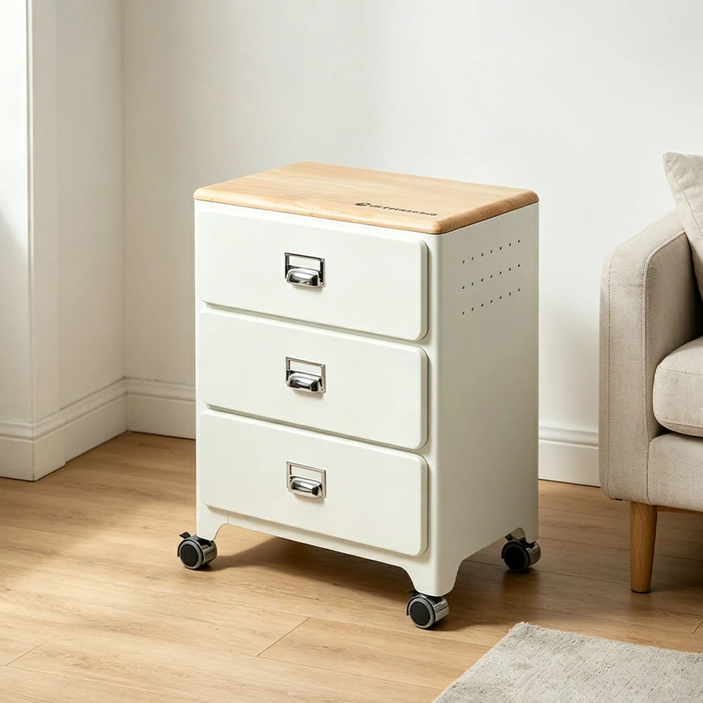 LIVARA 3 Drawer Storage Cabinet Mobile Organizer Wood Top Compact 510x360x700mm Home Bedroom Living Room - White