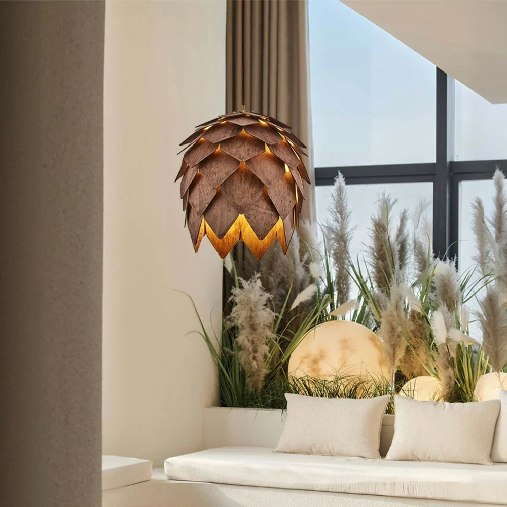 LIVARA 25/40/60cm Nordic Natural Style Ceiling Lamp Pinecone Pendant Light, Handcrafted Basswood Lampshade with E27 LED Bulb Included - Walnut