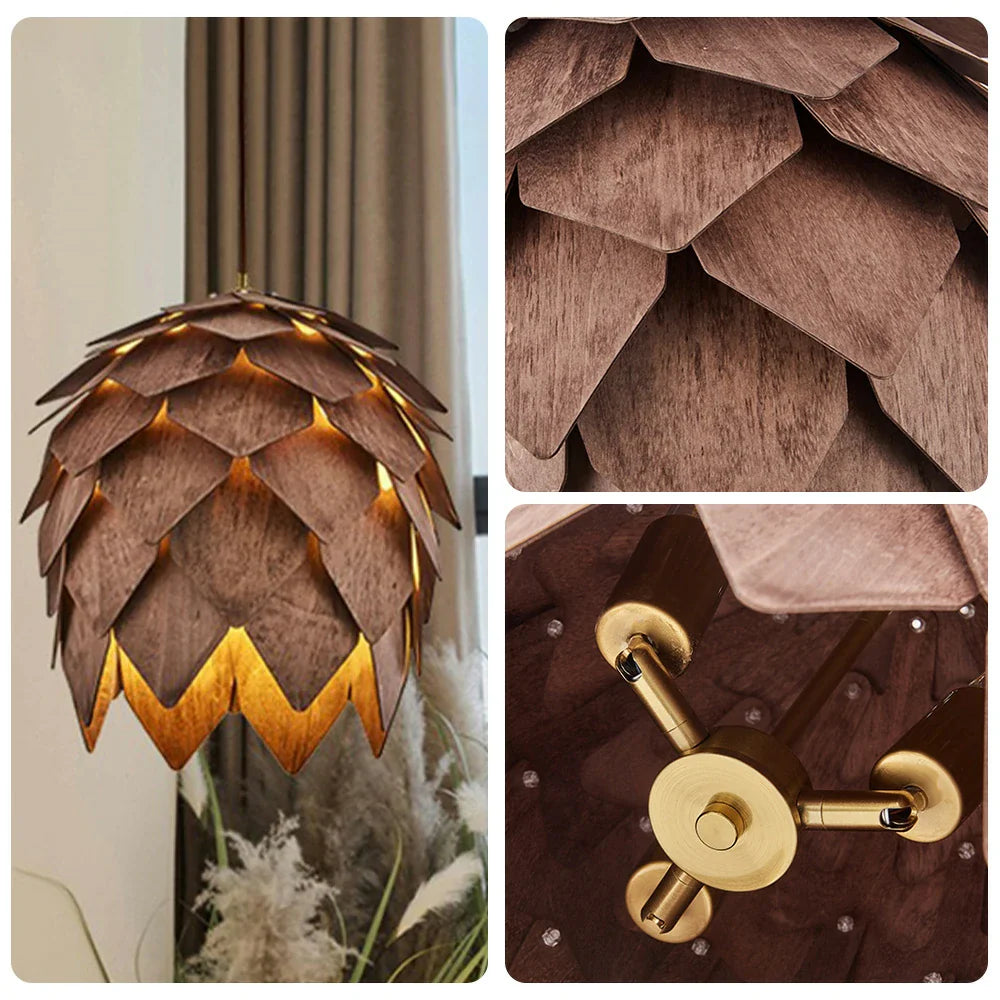 LIVARA 25/40/60cm Nordic Natural Style Ceiling Lamp Pinecone Pendant Light, Handcrafted Basswood Lampshade with E27 LED Bulb Included - Walnut
