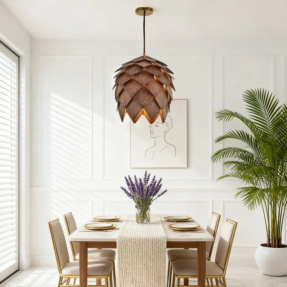 LIVARA 25/40/60cm Nordic Natural Style Ceiling Lamp Pinecone Pendant Light, Handcrafted Basswood Lampshade with E27 LED Bulb Included - Walnut