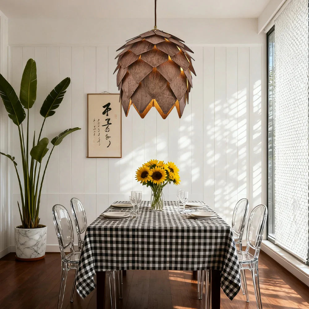 LIVARA 25/40/60cm Nordic Natural Style Ceiling Lamp Pinecone Pendant Light, Handcrafted Basswood Lampshade with E27 LED Bulb Included - Walnut