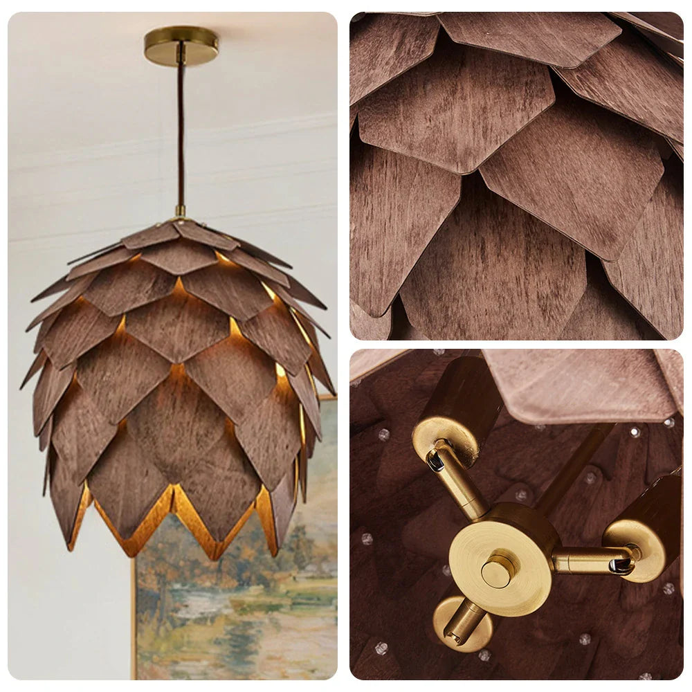 LIVARA 25/40/60cm Nordic Natural Style Ceiling Lamp Pinecone Pendant Light, Handcrafted Basswood Lampshade with E27 LED Bulb Included - Walnut