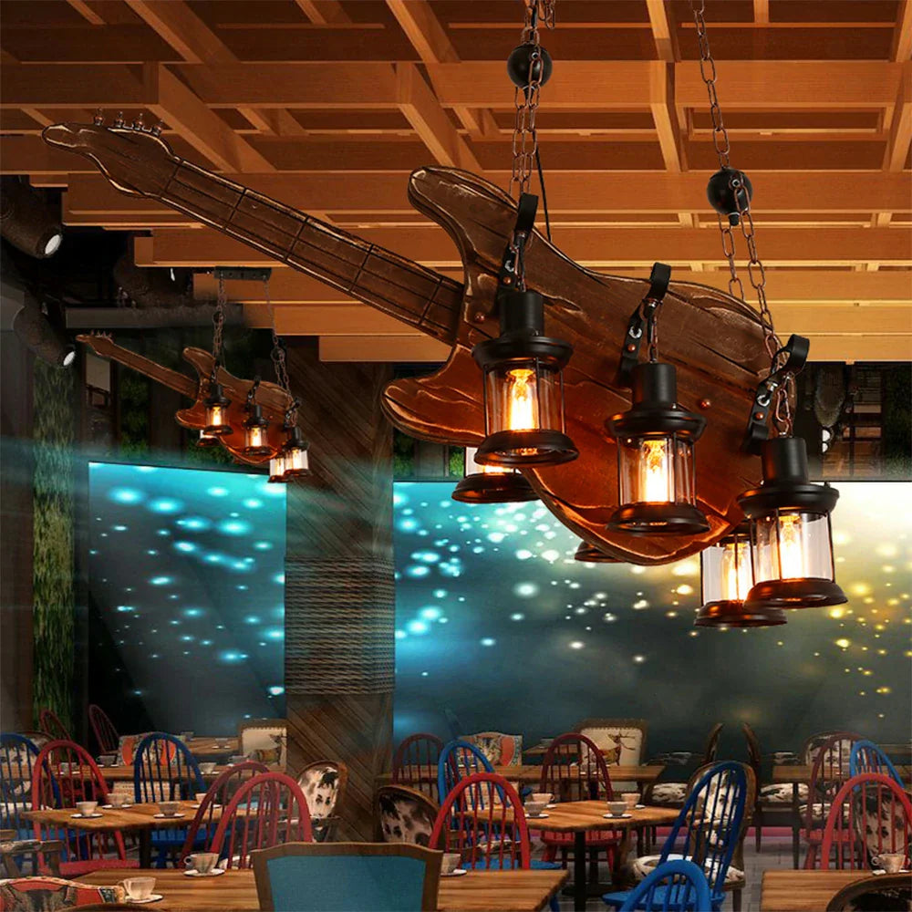 LIVARA Bass Light Solid Retro with Bulbs, Ceiling Wood 6x4W Edison Style Industrial Guitar Pendant Lamp