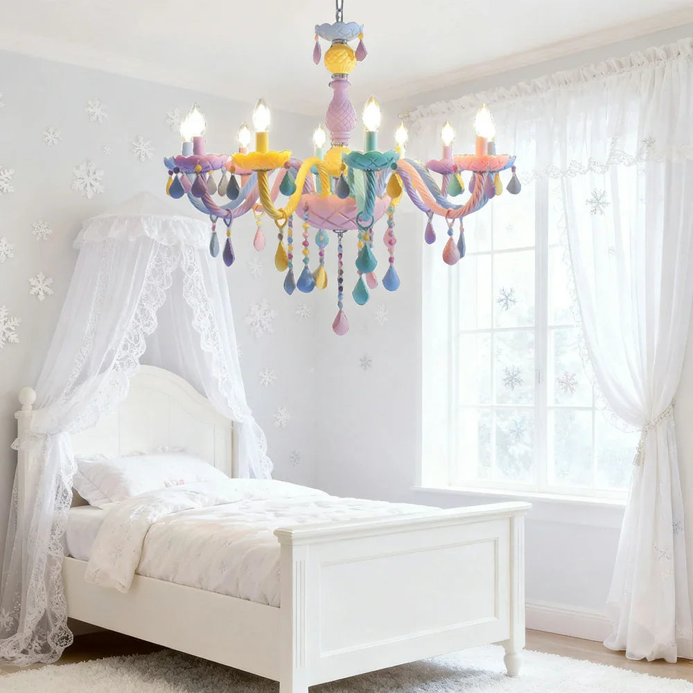 LIVARA 5/8/10-Head LED Warm Light, Colorful Glass & Stainless Steel Ceiling Lamp for Kids Room Macaron Chandelier