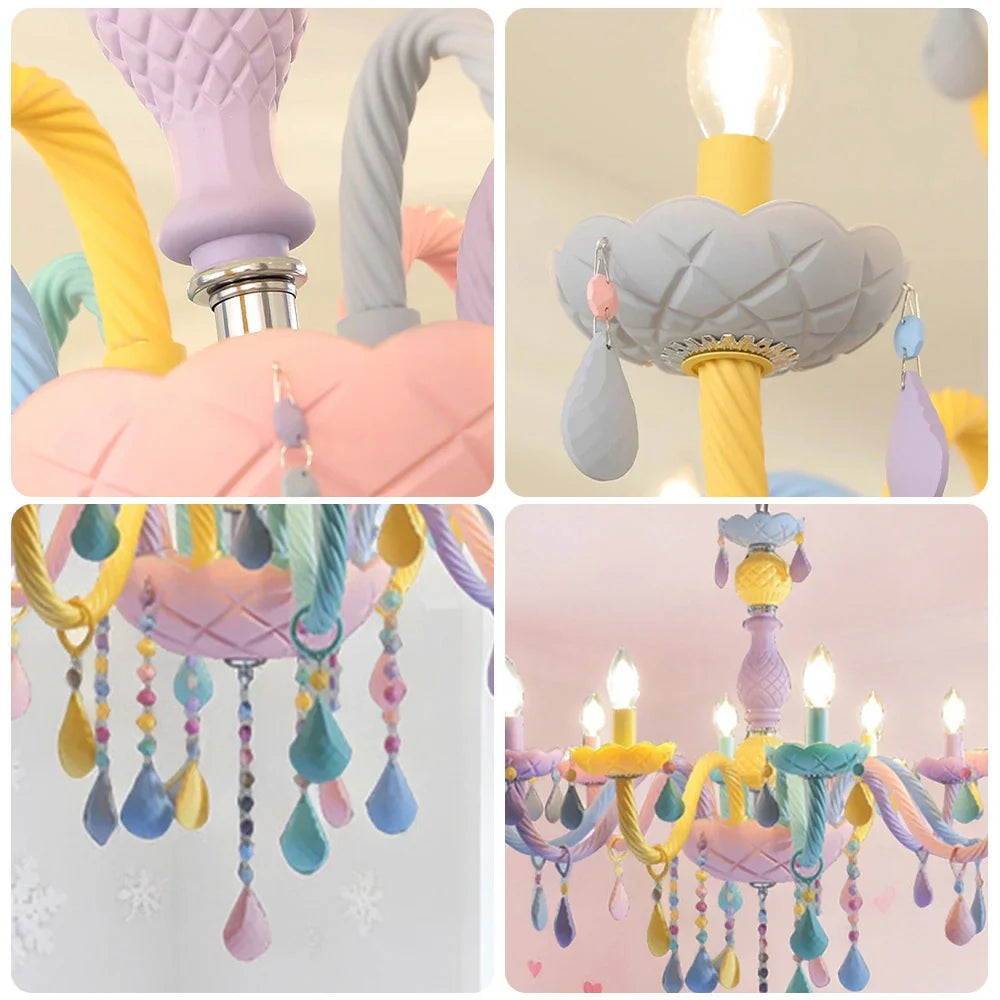 LIVARA 5/8/10-Head LED Warm Light, Colorful Glass & Stainless Steel Ceiling Lamp for Kids Room Macaron Chandelier