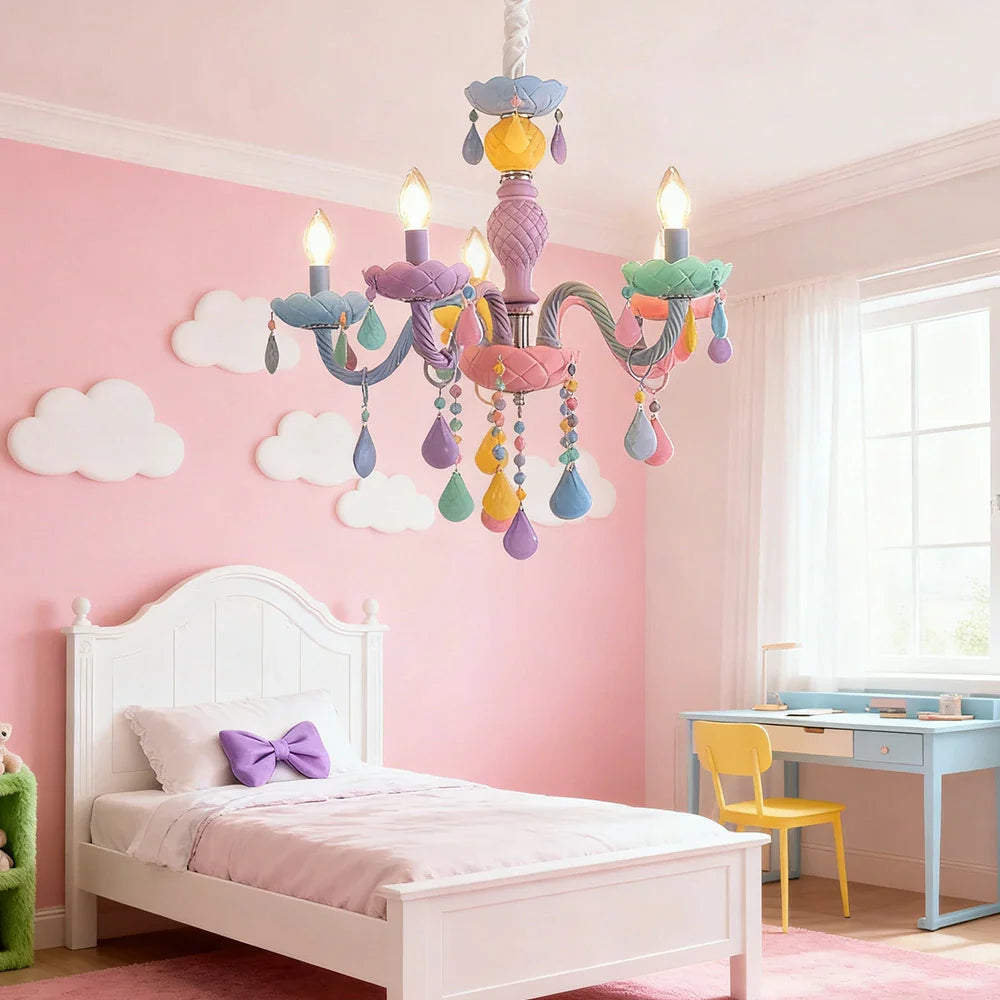 LIVARA 5/8/10-Head LED Warm Light, Colorful Glass & Stainless Steel Ceiling Lamp for Kids Room Macaron Chandelier