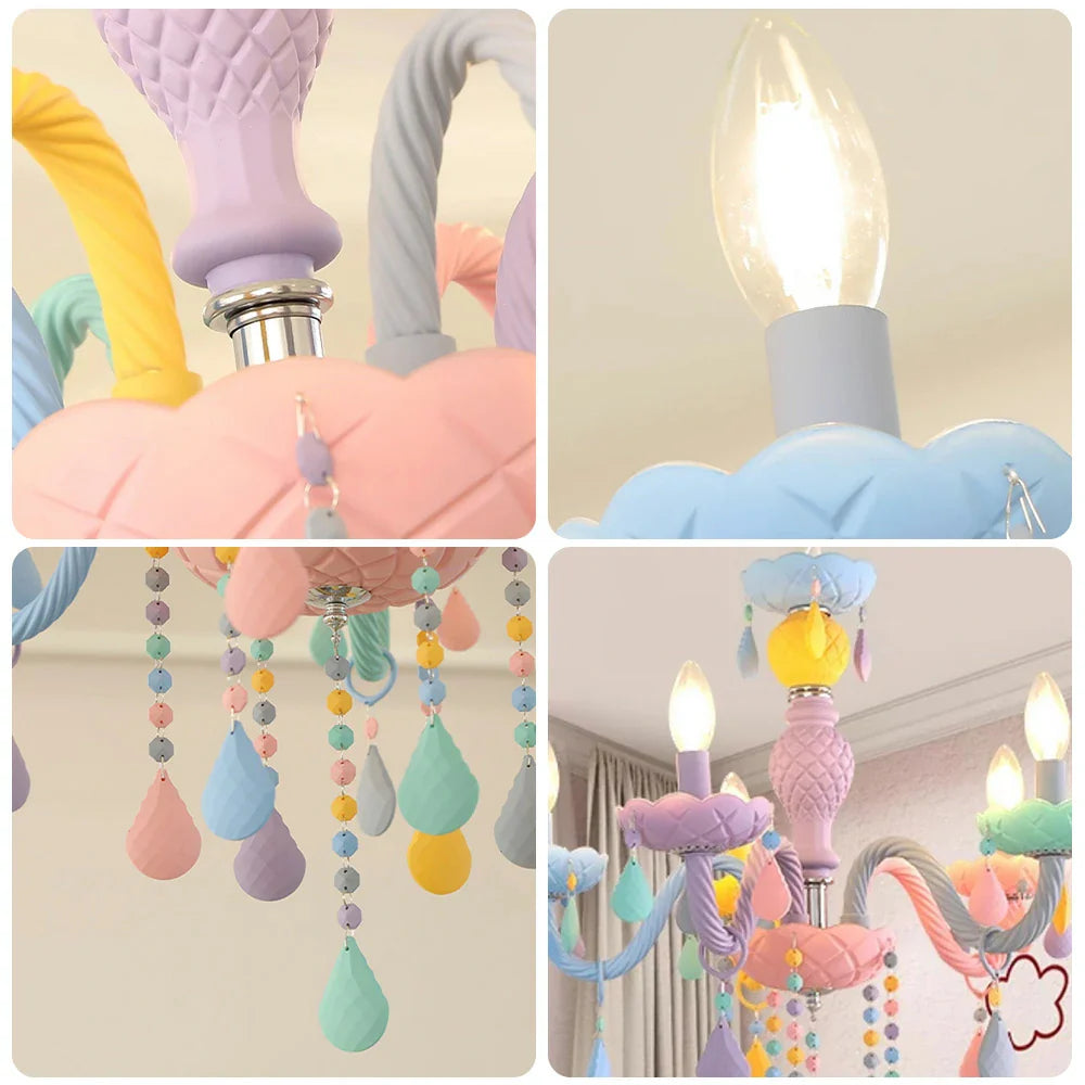 LIVARA 5/8/10-Head LED Warm Light, Colorful Glass & Stainless Steel Ceiling Lamp for Kids Room Macaron Chandelier