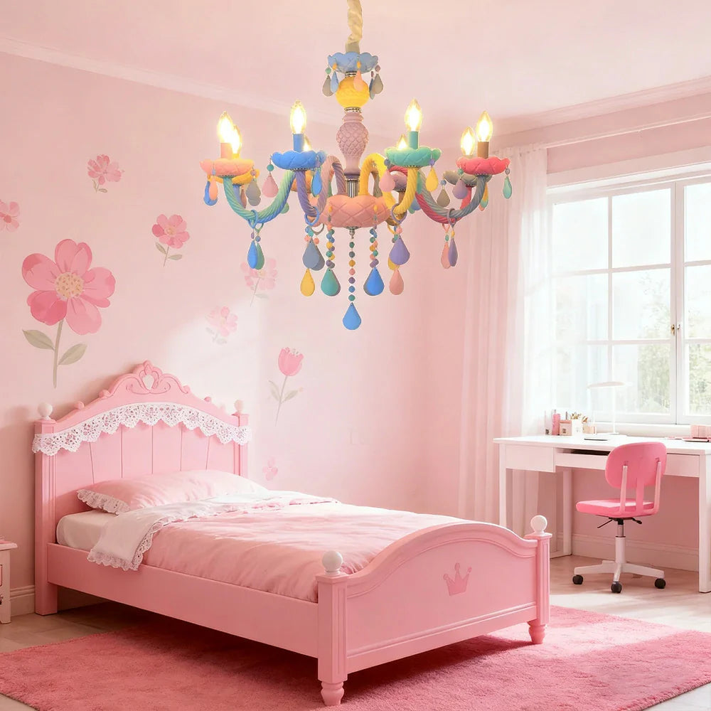 LIVARA 5/8/10-Head LED Warm Light, Colorful Glass & Stainless Steel Ceiling Lamp for Kids Room Macaron Chandelier