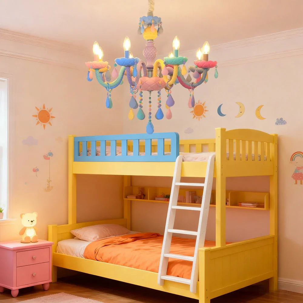 LIVARA 5/8/10-Head LED Warm Light, Colorful Glass & Stainless Steel Ceiling Lamp for Kids Room Macaron Chandelier