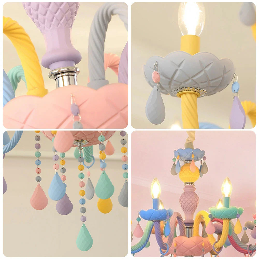 LIVARA 5/8/10-Head LED Warm Light, Colorful Glass & Stainless Steel Ceiling Lamp for Kids Room Macaron Chandelier