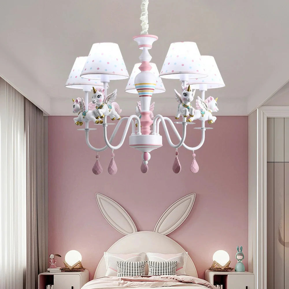LIVARA Unicorn Iron & Resin Ceiling Lamp with Fabric Shade for Kids Room Eye-Care LED Chandelier White/Warm/Tri-Color Light