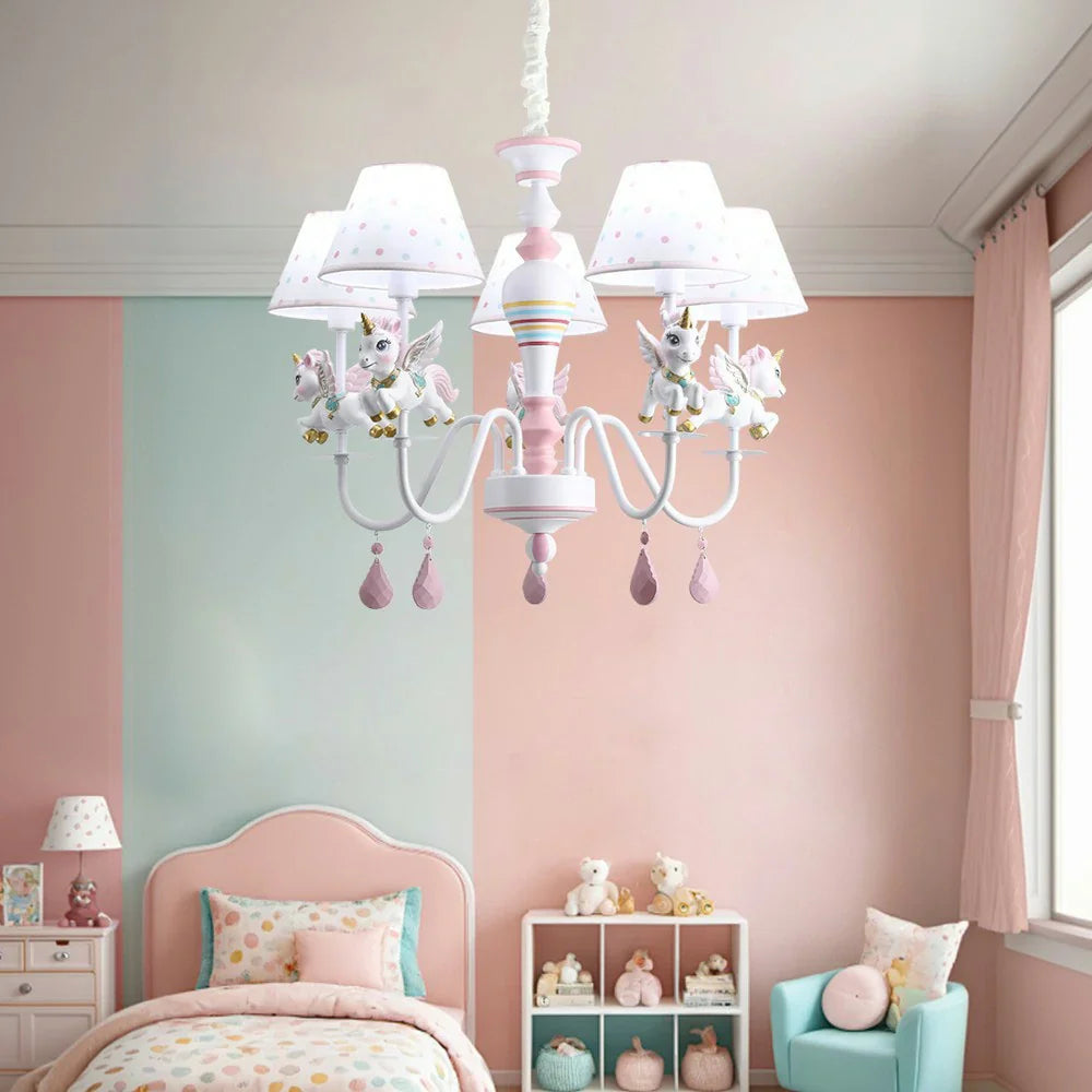 LIVARA Unicorn Iron & Resin Ceiling Lamp with Fabric Shade for Kids Room Eye-Care LED Chandelier White/Warm/Tri-Color Light