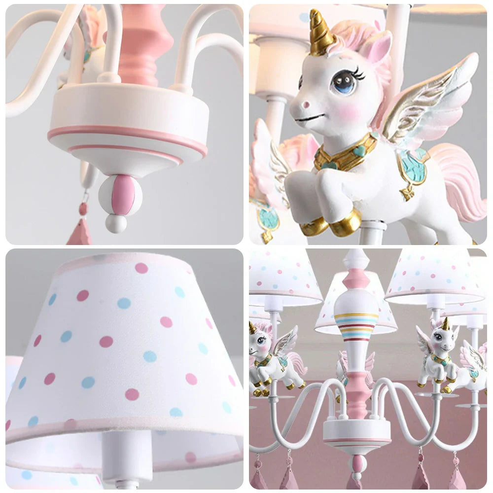 LIVARA Unicorn Iron & Resin Ceiling Lamp with Fabric Shade for Kids Room Eye-Care LED Chandelier White/Warm/Tri-Color Light