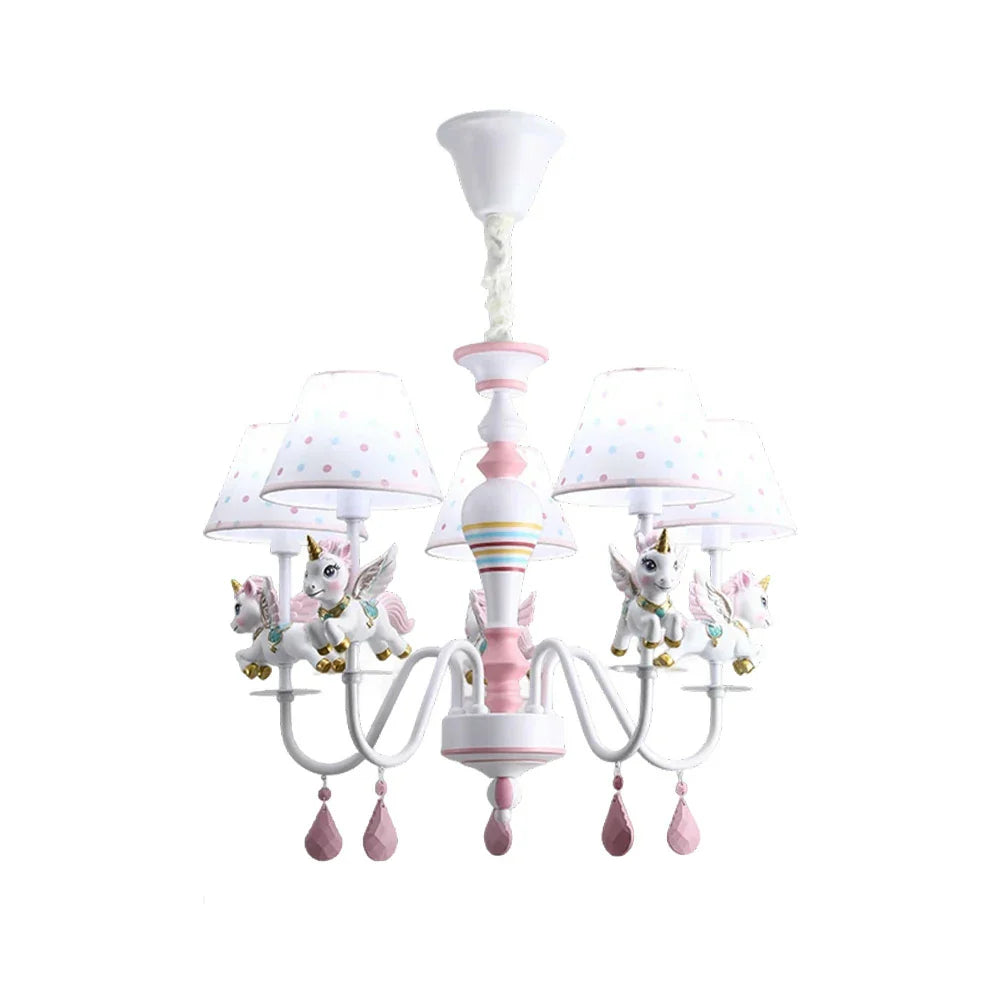 LIVARA Unicorn Iron & Resin Ceiling Lamp with Fabric Shade for Kids Room Eye-Care LED Chandelier White/Warm/Tri-Color Light