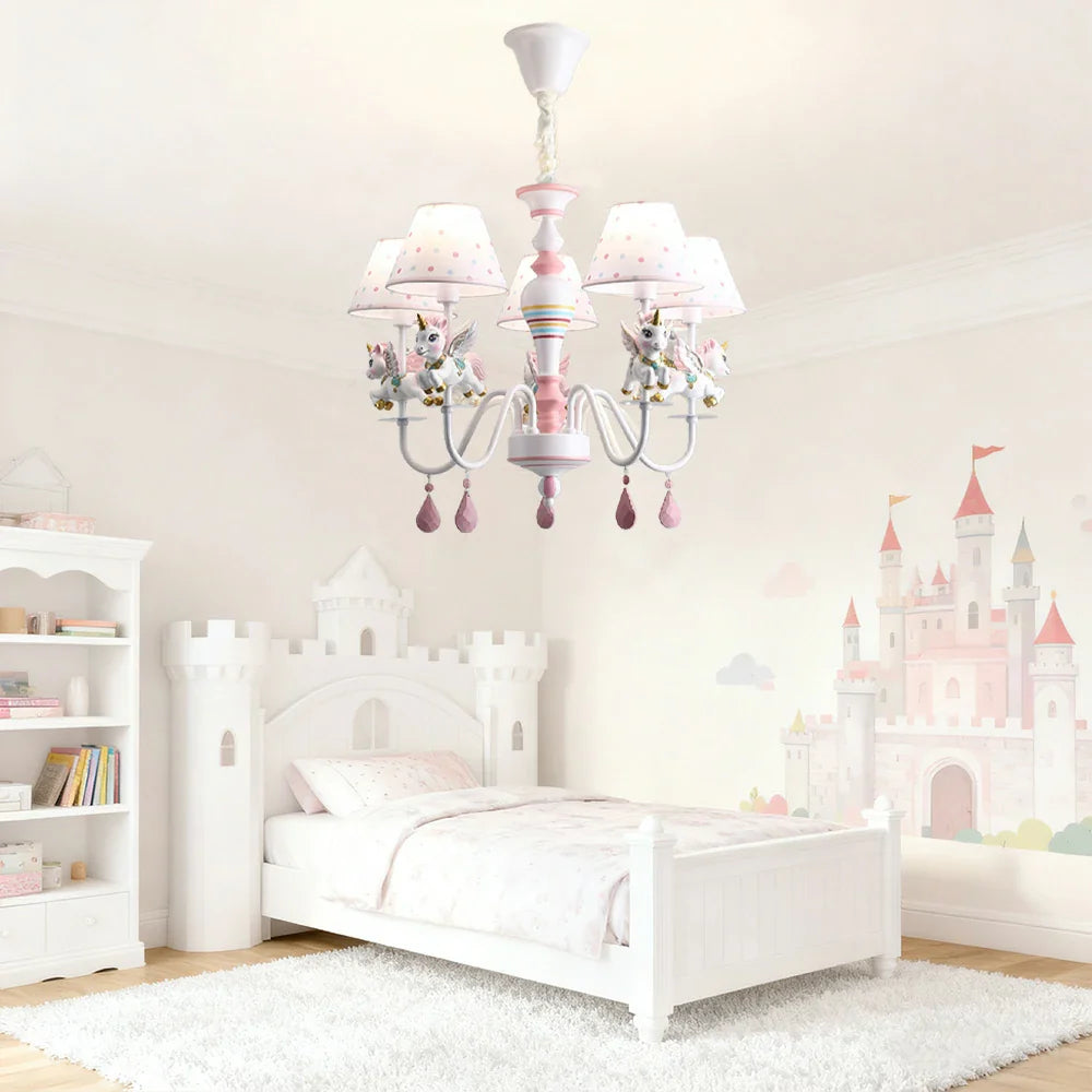 LIVARA Unicorn Iron & Resin Ceiling Lamp with Fabric Shade for Kids Room Eye-Care LED Chandelier White/Warm/Tri-Color Light
