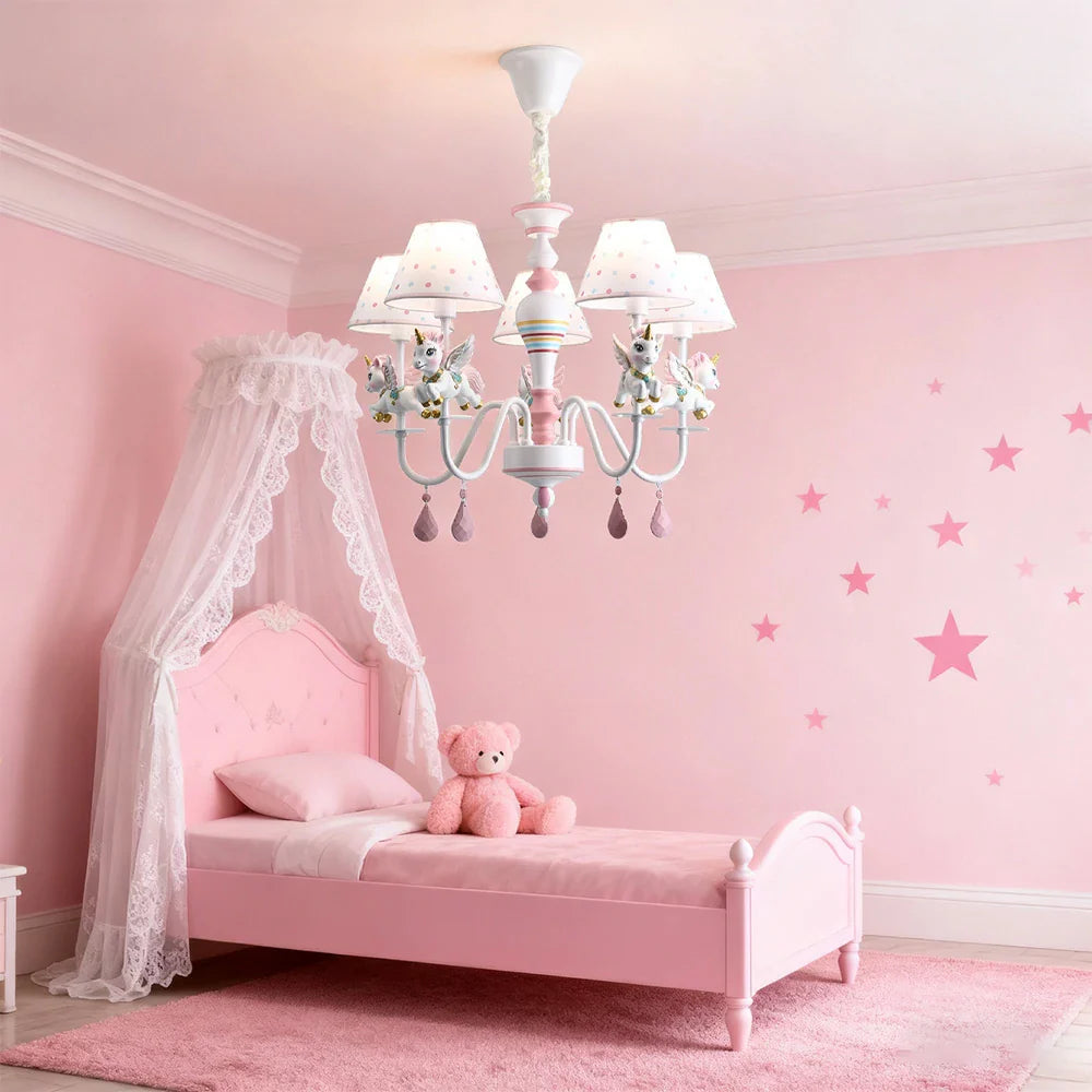 LIVARA Unicorn Iron & Resin Ceiling Lamp with Fabric Shade for Kids Room Eye-Care LED Chandelier White/Warm/Tri-Color Light