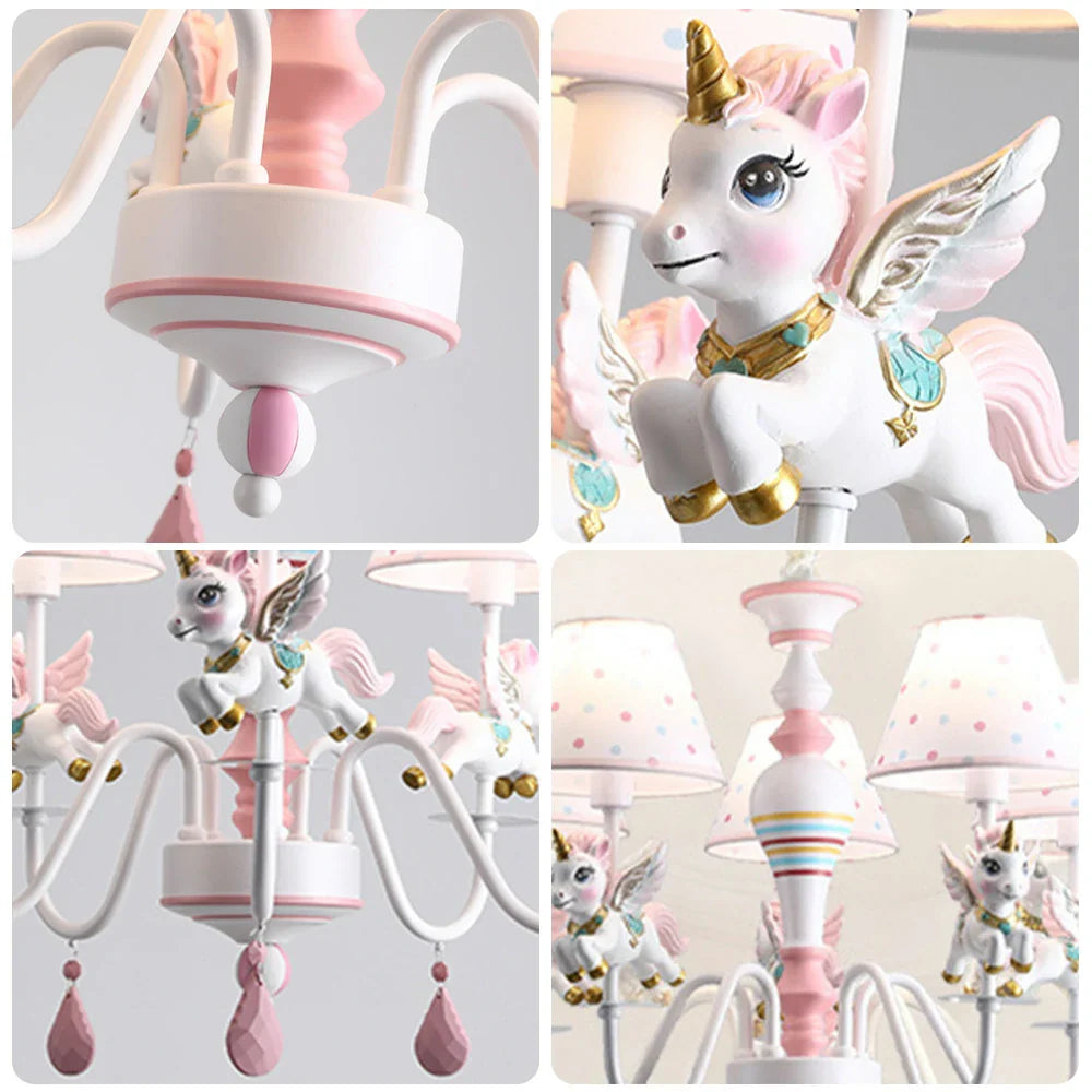 LIVARA Unicorn Iron & Resin Ceiling Lamp with Fabric Shade for Kids Room Eye-Care LED Chandelier White/Warm/Tri-Color Light