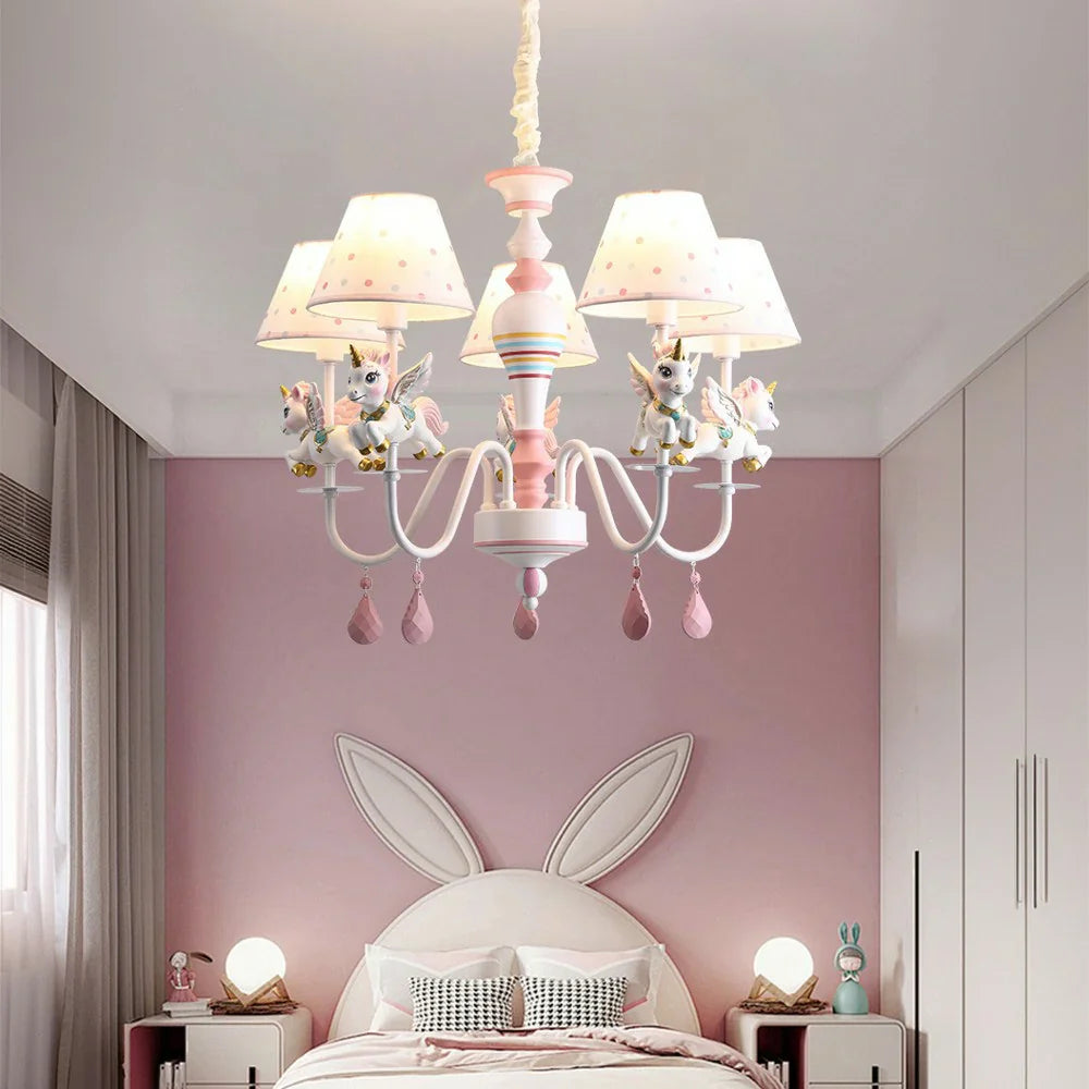 LIVARA Unicorn Iron & Resin Ceiling Lamp with Fabric Shade for Kids Room Eye-Care LED Chandelier White/Warm/Tri-Color Light