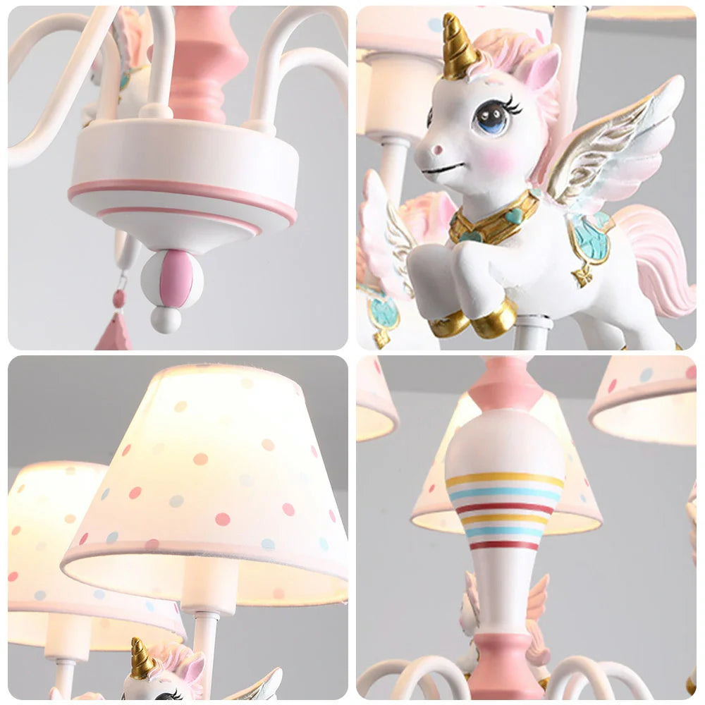LIVARA Unicorn Iron & Resin Ceiling Lamp with Fabric Shade for Kids Room Eye-Care LED Chandelier White/Warm/Tri-Color Light