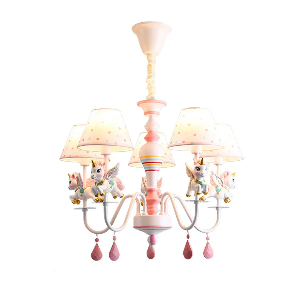 LIVARA Unicorn Iron & Resin Ceiling Lamp with Fabric Shade for Kids Room Eye-Care LED Chandelier White/Warm/Tri-Color Light