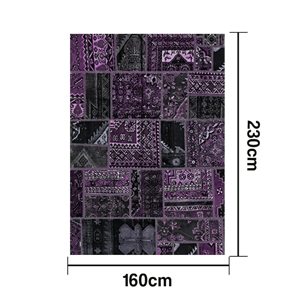 LIVARA 160/200cm Purple Vintage Patchwork Loop-Pile Rug - Waterproof Stain-Resistant Anti-Static Soft & Durable - Dark Purple Design