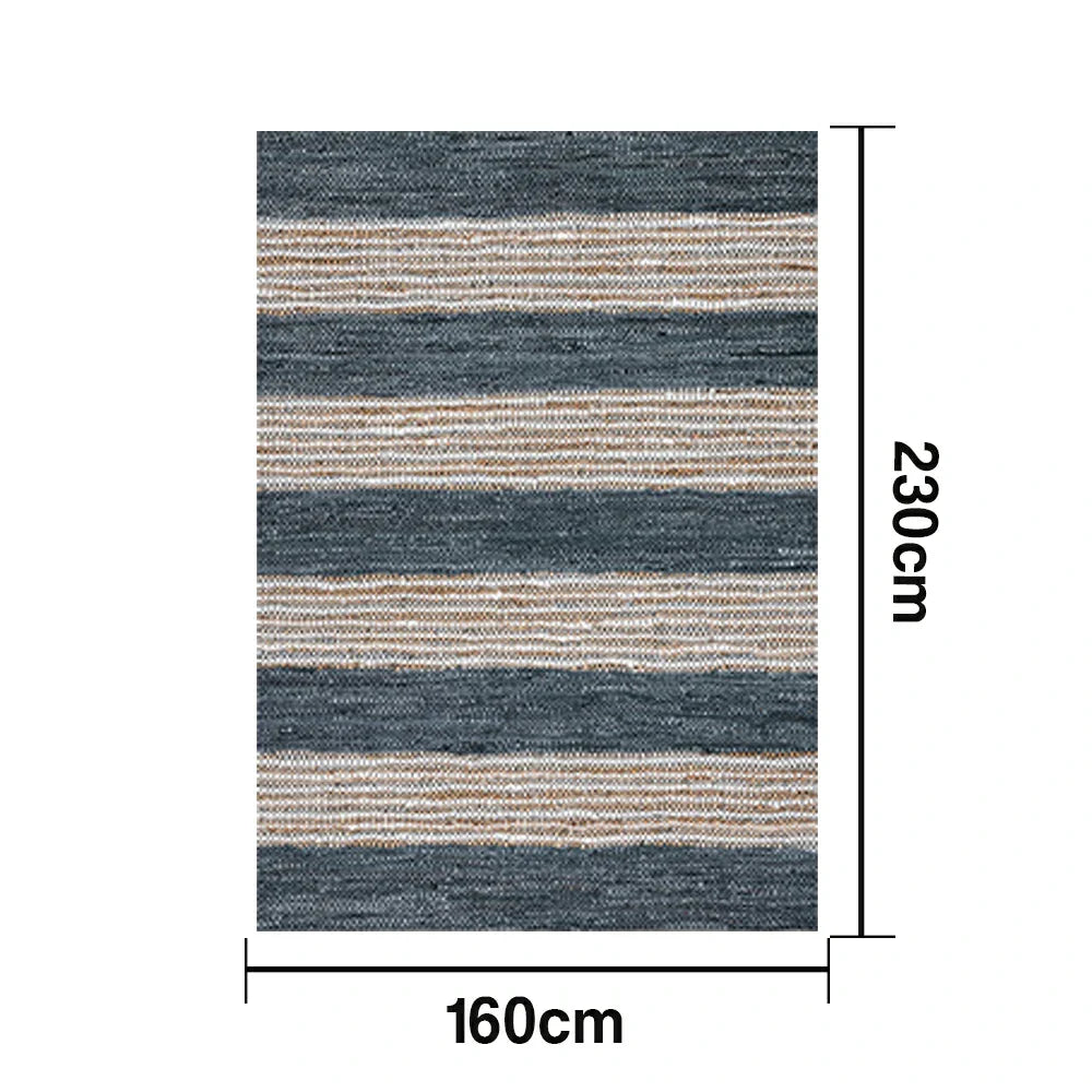 LIVARA 160/200cm Blue-Grey Stripe Loop-Pile Rug Soft & Durable Easy to Clean Non-Slip Eco Cotton-Latex Backing - Coastal Sand Blue